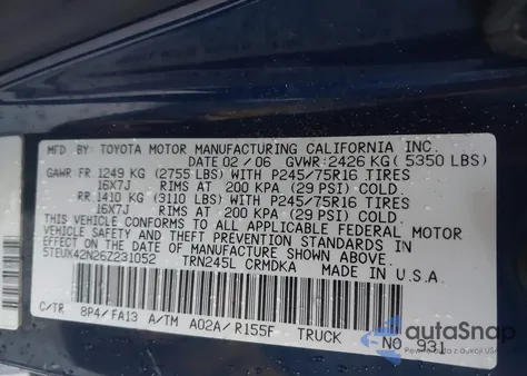 2006 Toyota Tacoma z USA, uszkodzony, nr VIN 5TEUX42N26Z231052